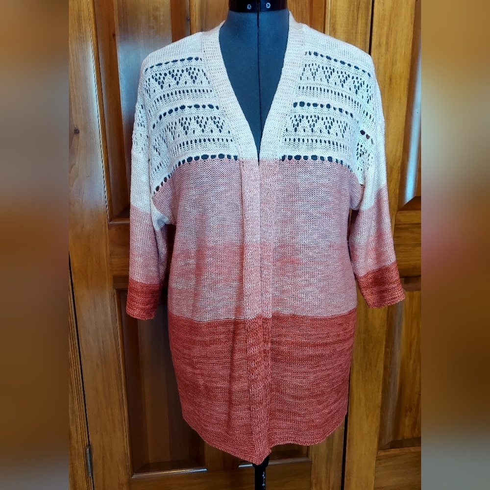 * Maurices Soft Ivory, Peach,Orange, Open Front Cardigan Sweater Size L Like New - Picture 3 of 7